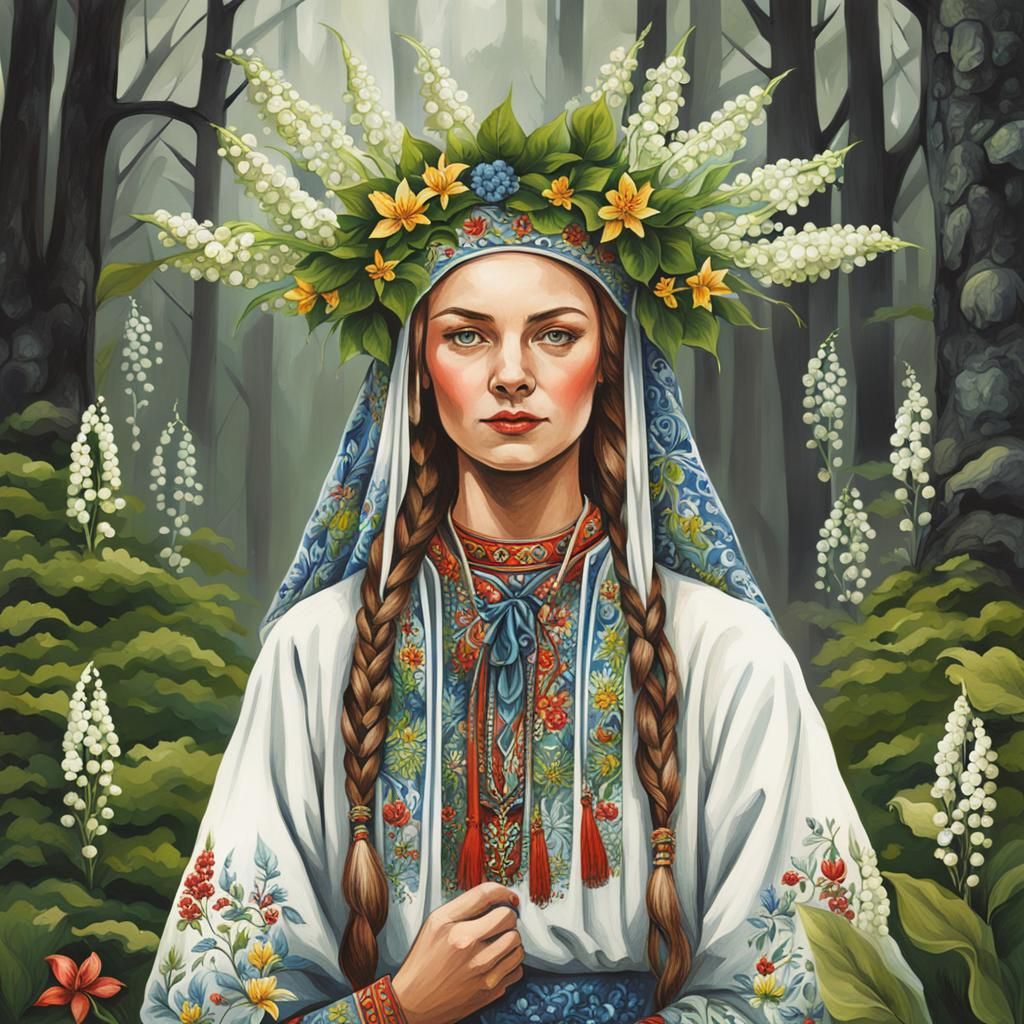 Ukrainian Witch in Spring Forest: Detailed Folklore Art