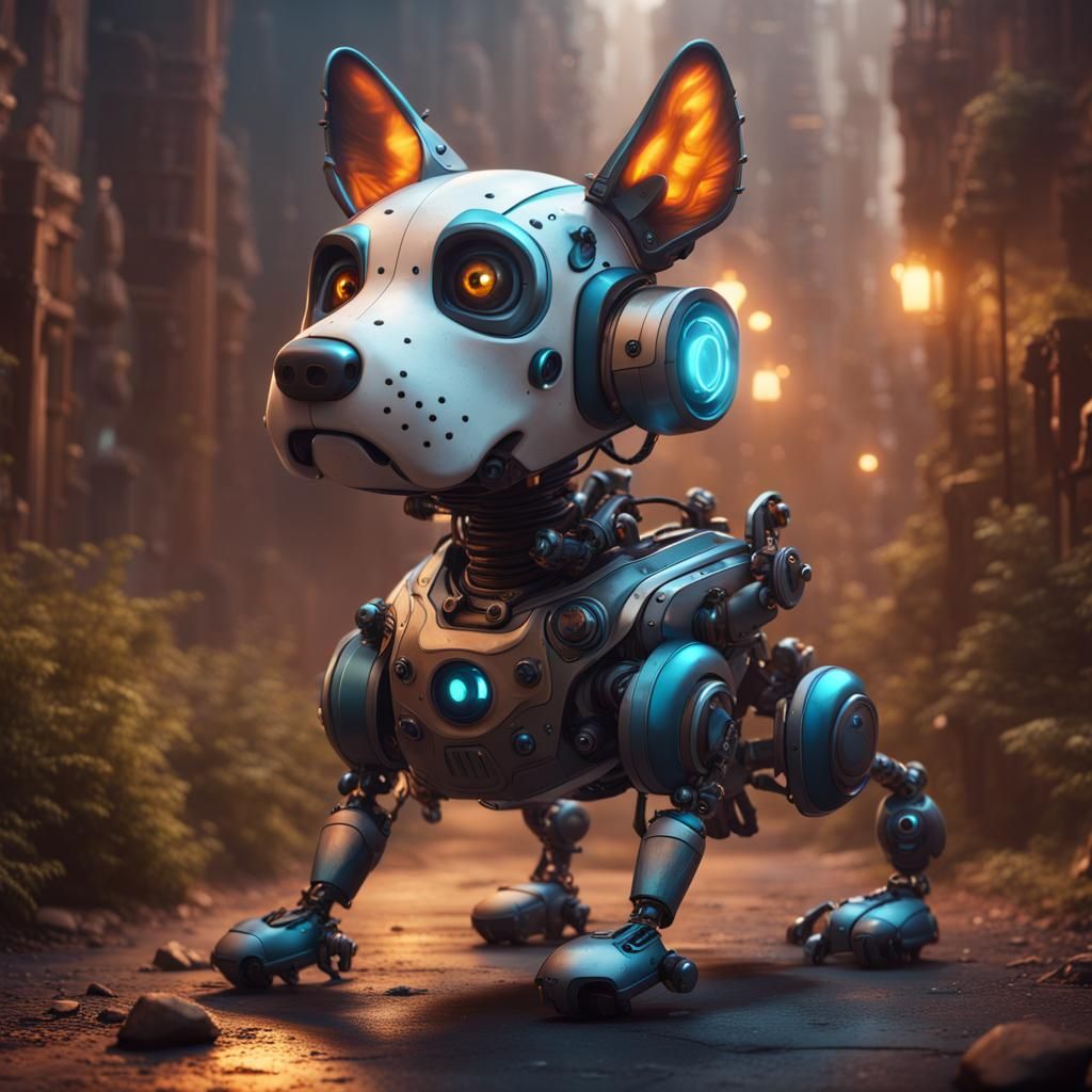 Robot Dog Protecting Owner in Detailed Matte Painting