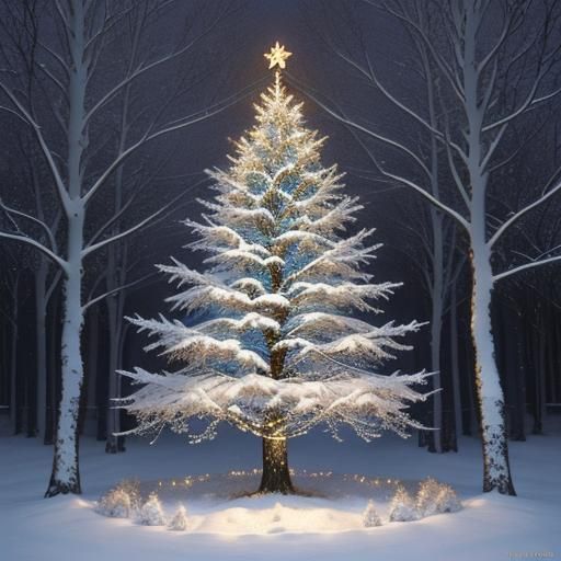 Romantic Winter Christmas Tree, Hyperrealistic Style