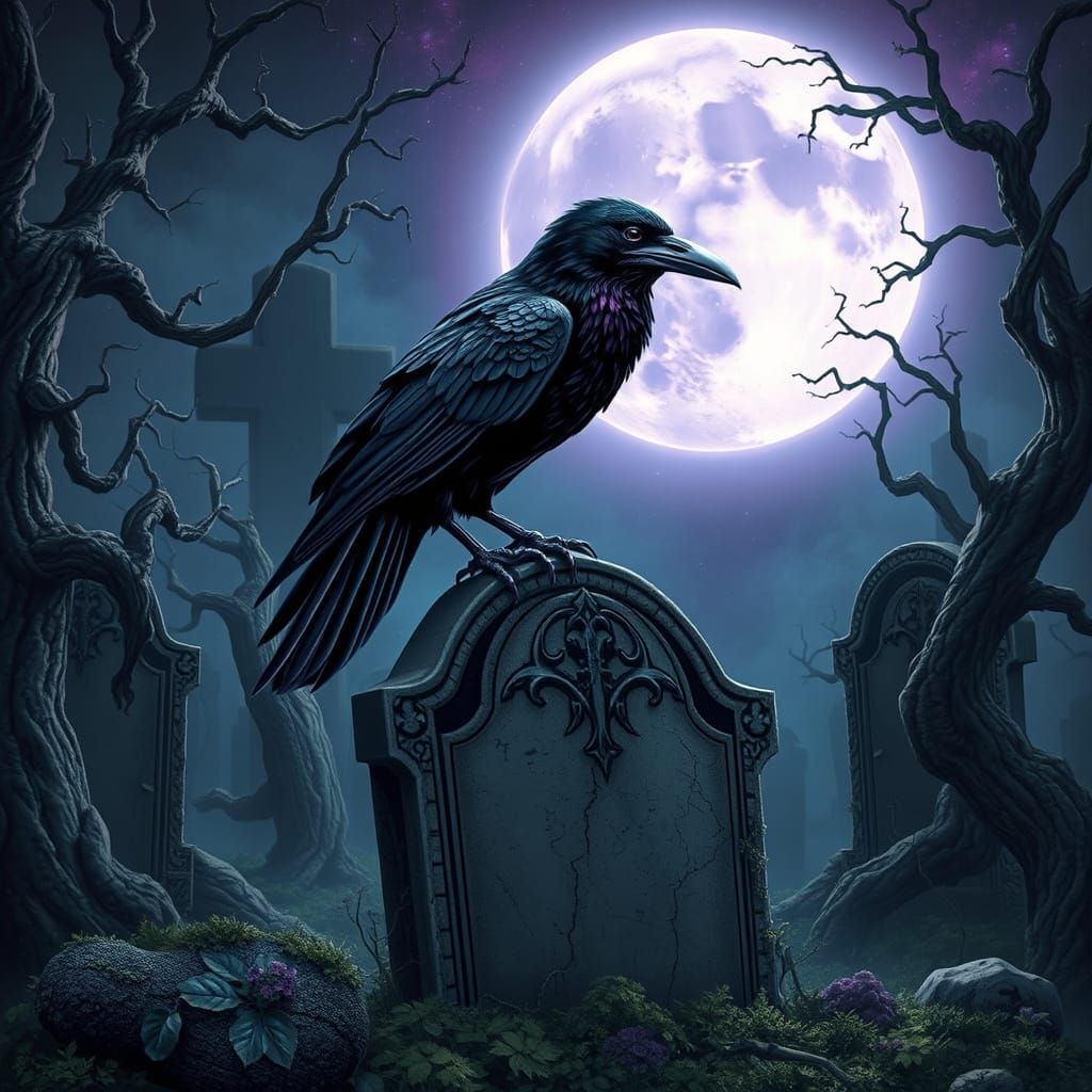 Gothic Raven in Galaxy Graveyard with Purple Aura