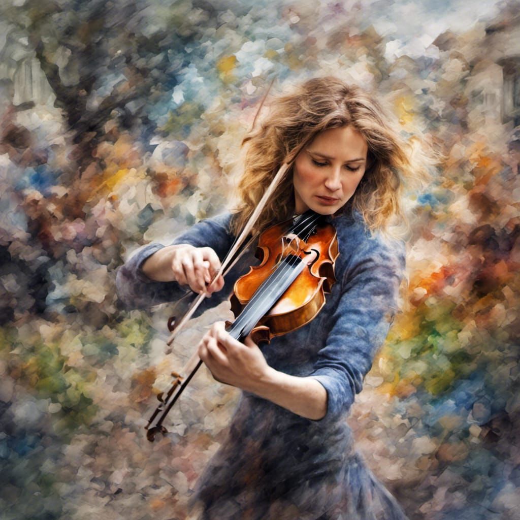 Woman's Whimsical Violin Serenade: Impressionistic Watercolo...