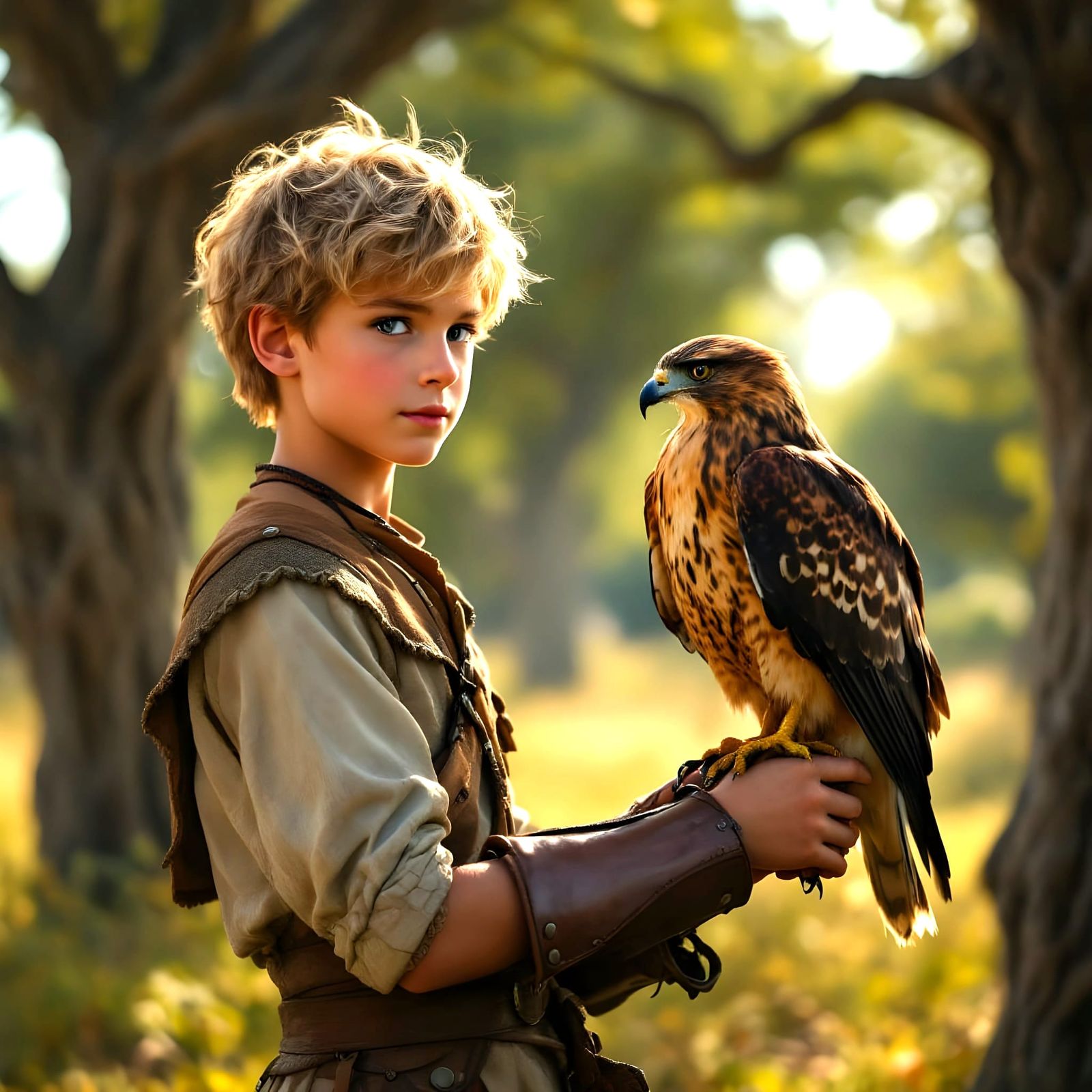 Young Boy in Oak Forest with Majestic Hawk