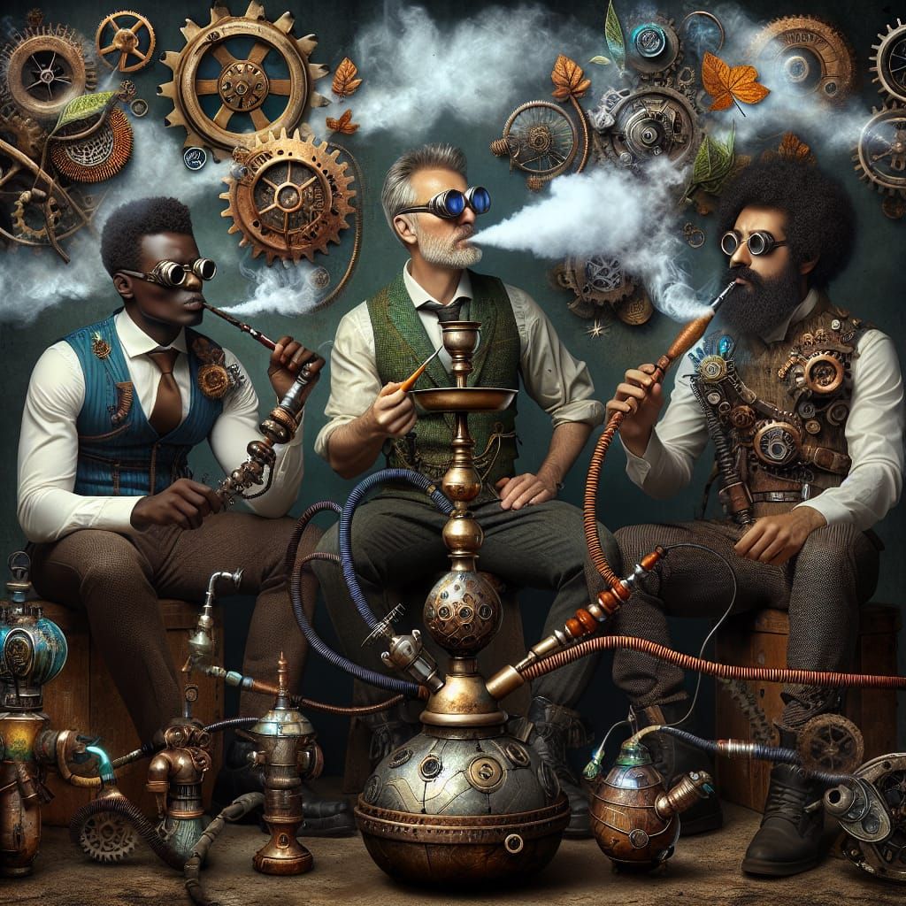 Steampunk Wizards Enjoying Hookah with Magical Smoke