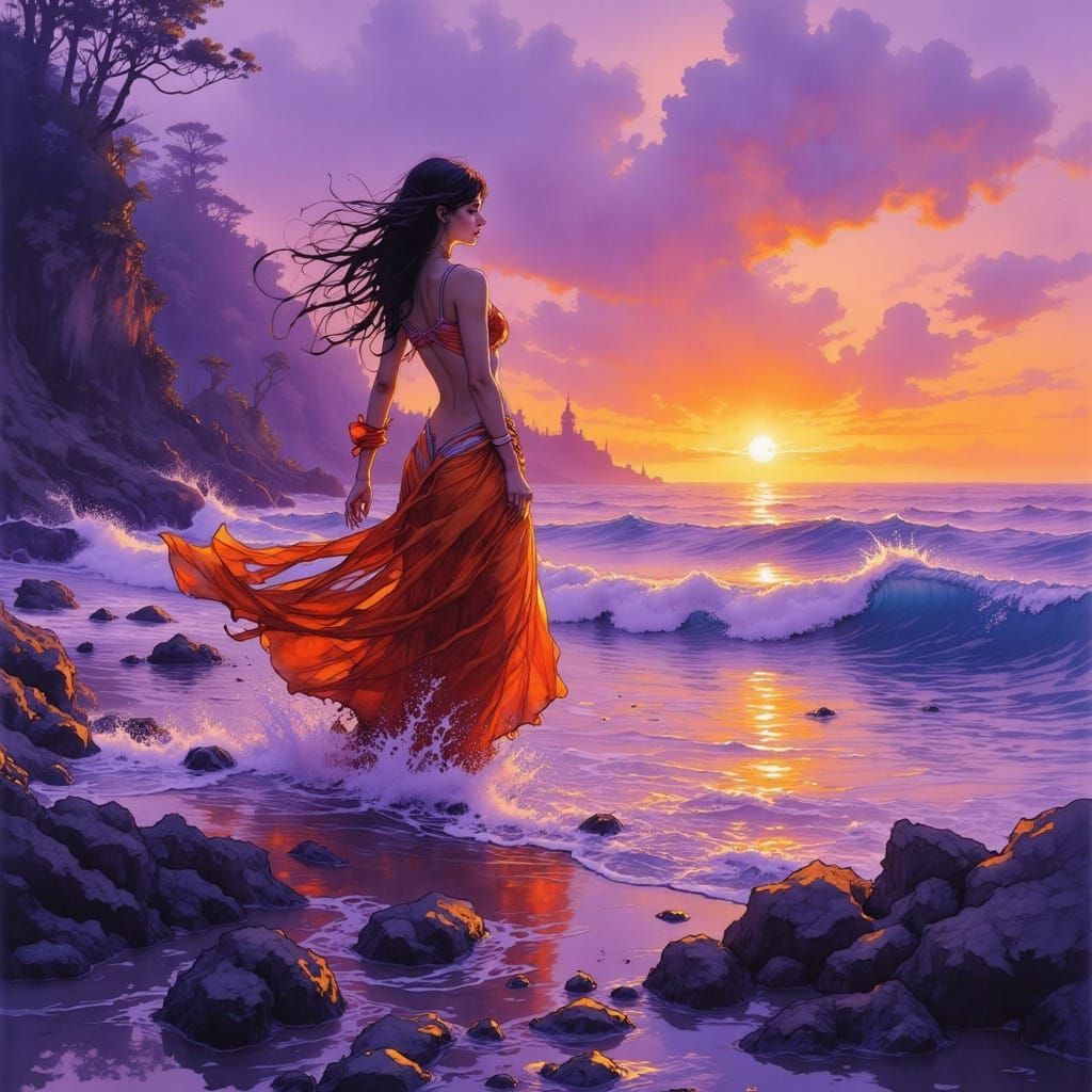 Ethereal Woman Dances on Rocky Beach in Vibrant Sunset
