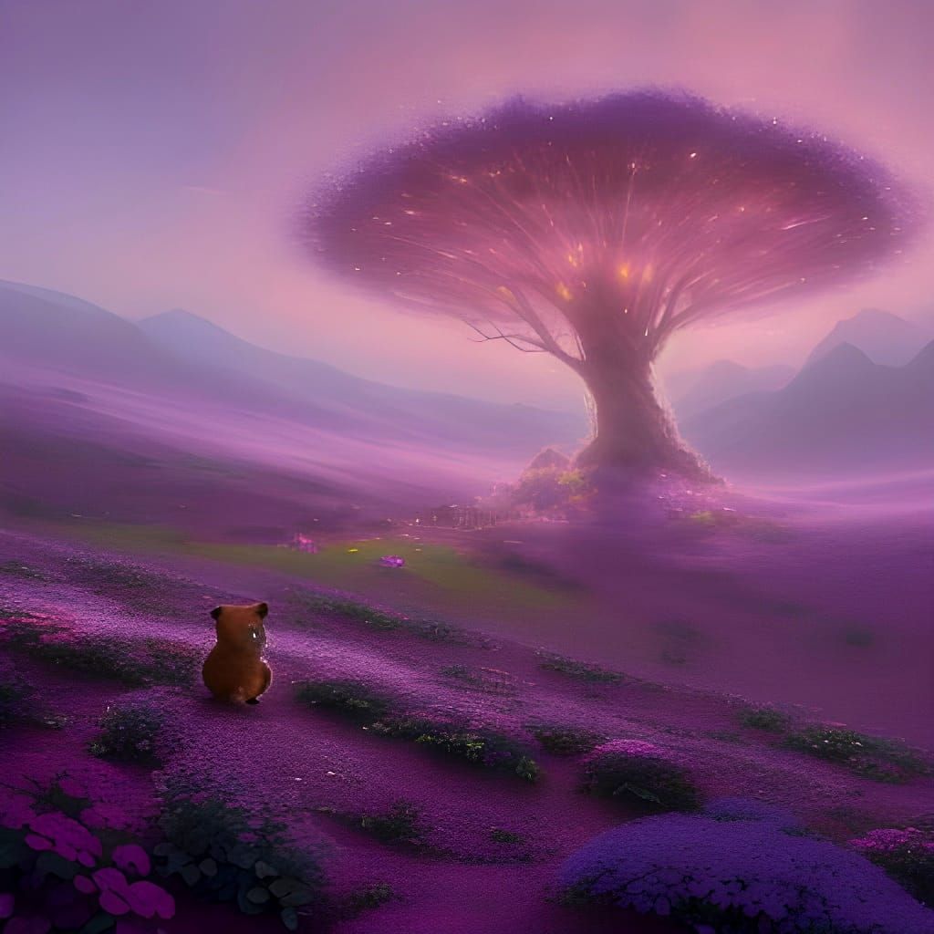 Furry Animals in Alien Flower Field: Kinkade Style