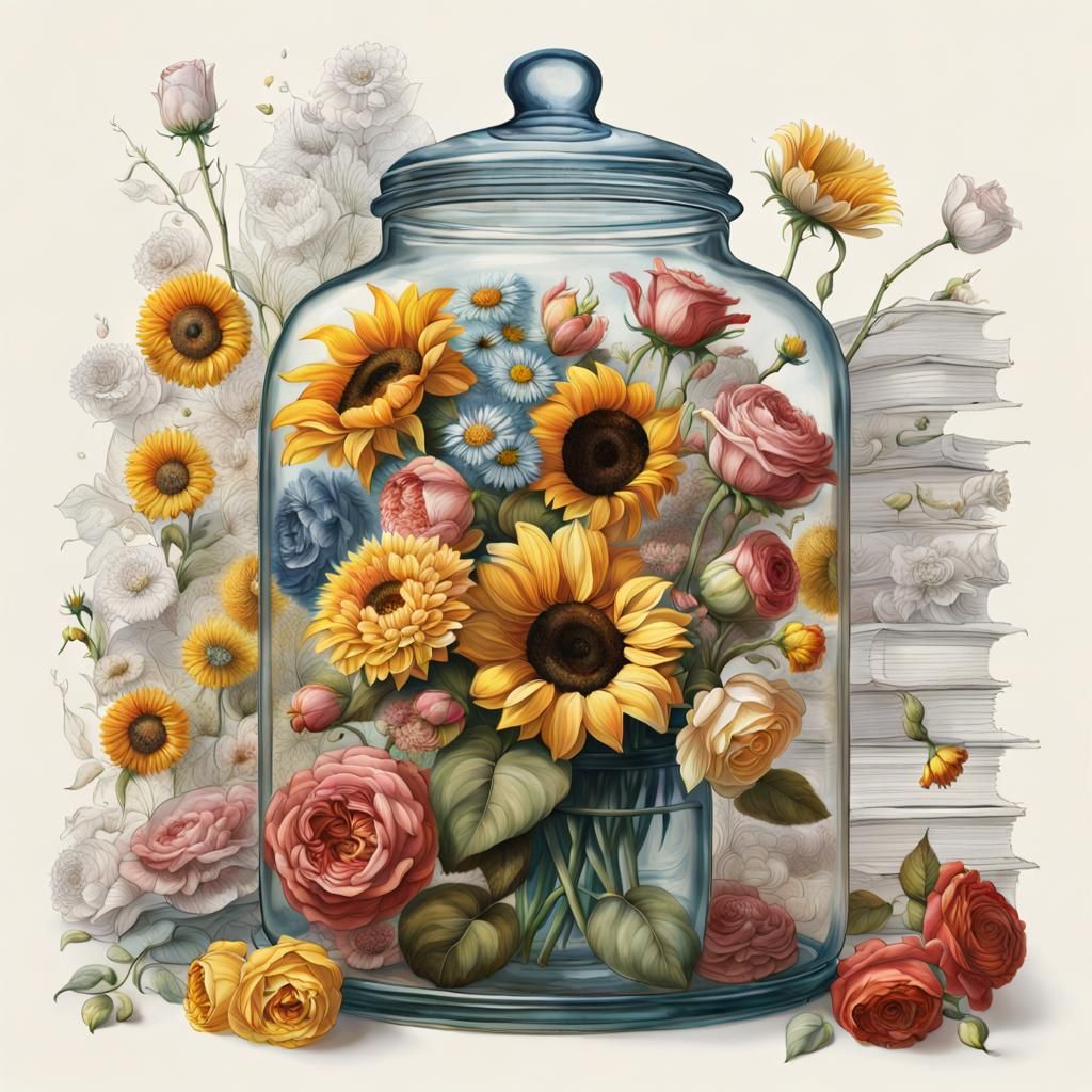 Flowers Overflowing from Jar: An Artist's Workspace