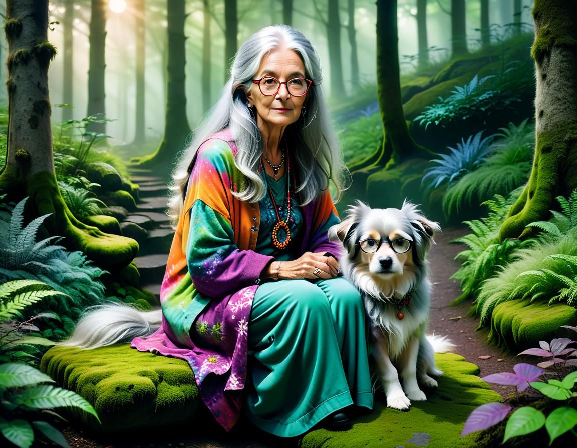 Senior Woman with Dog in Moonlit Forest