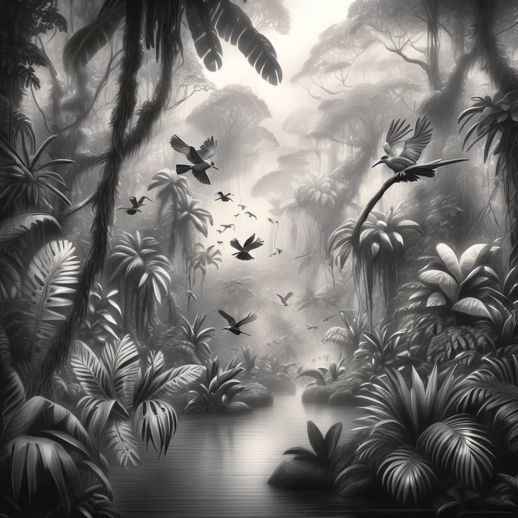 Botanists Explore Lush Rainforest in Pencil Sketch