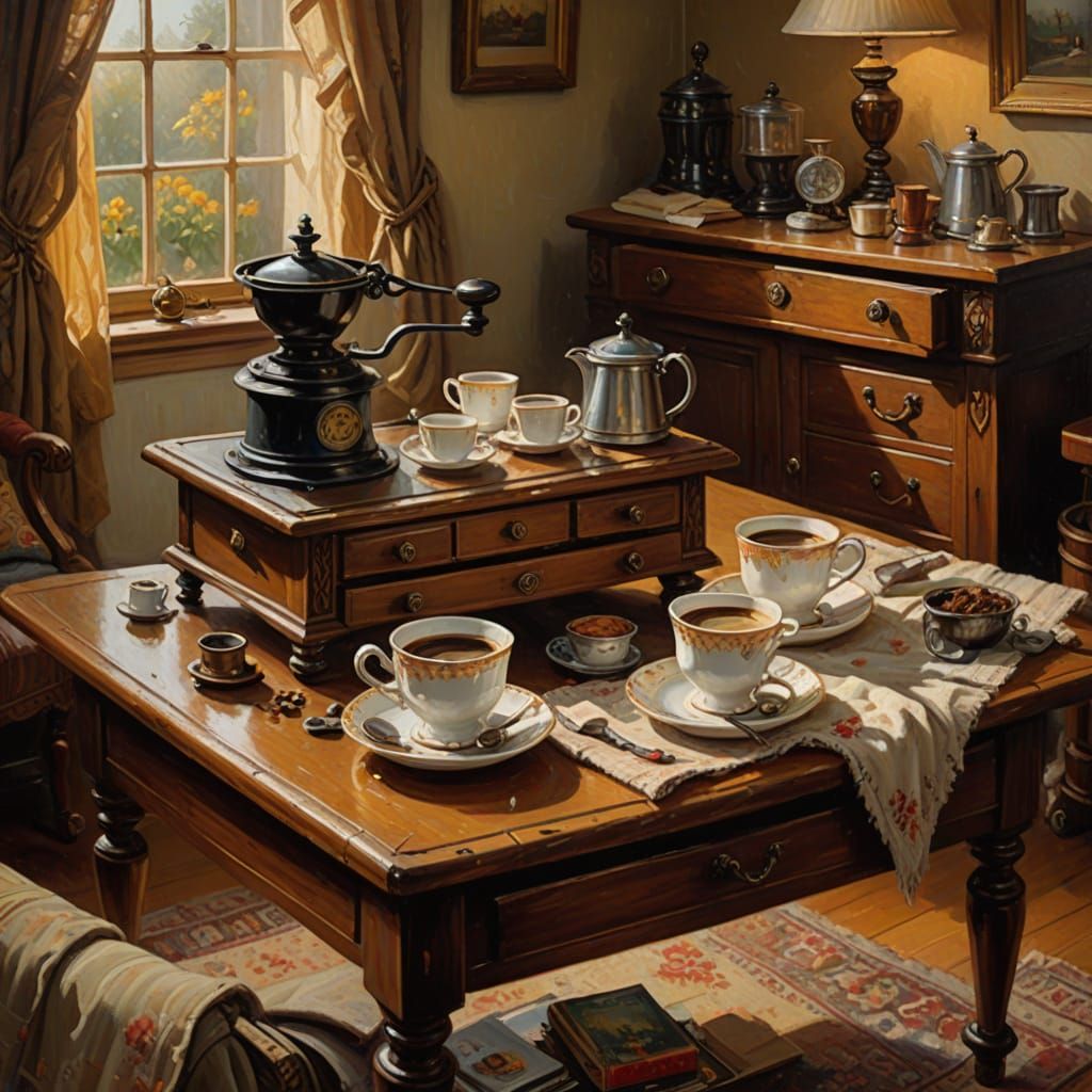 Cozy Victorian Coffee Table Still Life Oil Painting