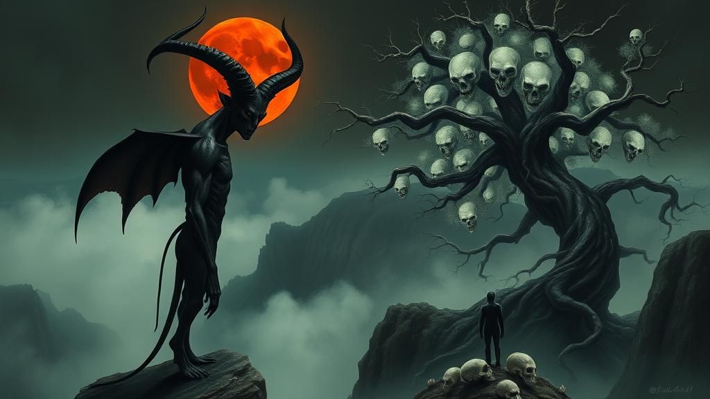 Demon and Alien Confrontation in Surreal Landscape