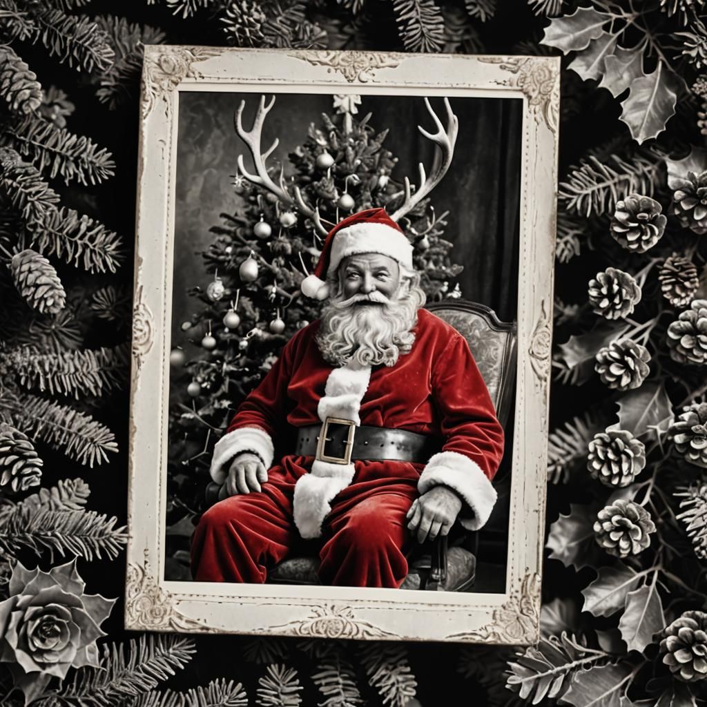 Vintage Photo of Santa with Deer by Christmas Tree