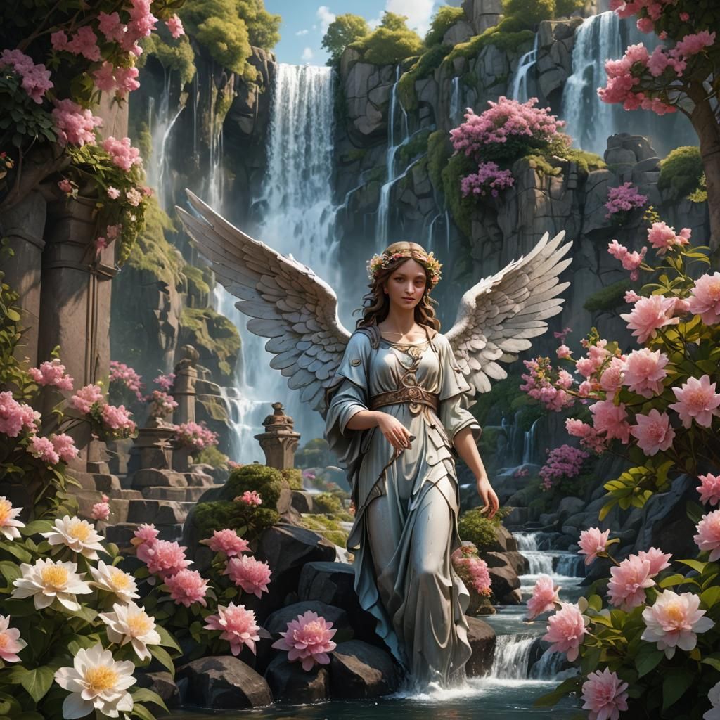 Angel with Waterfall: Hyper-Realistic Matte Painting