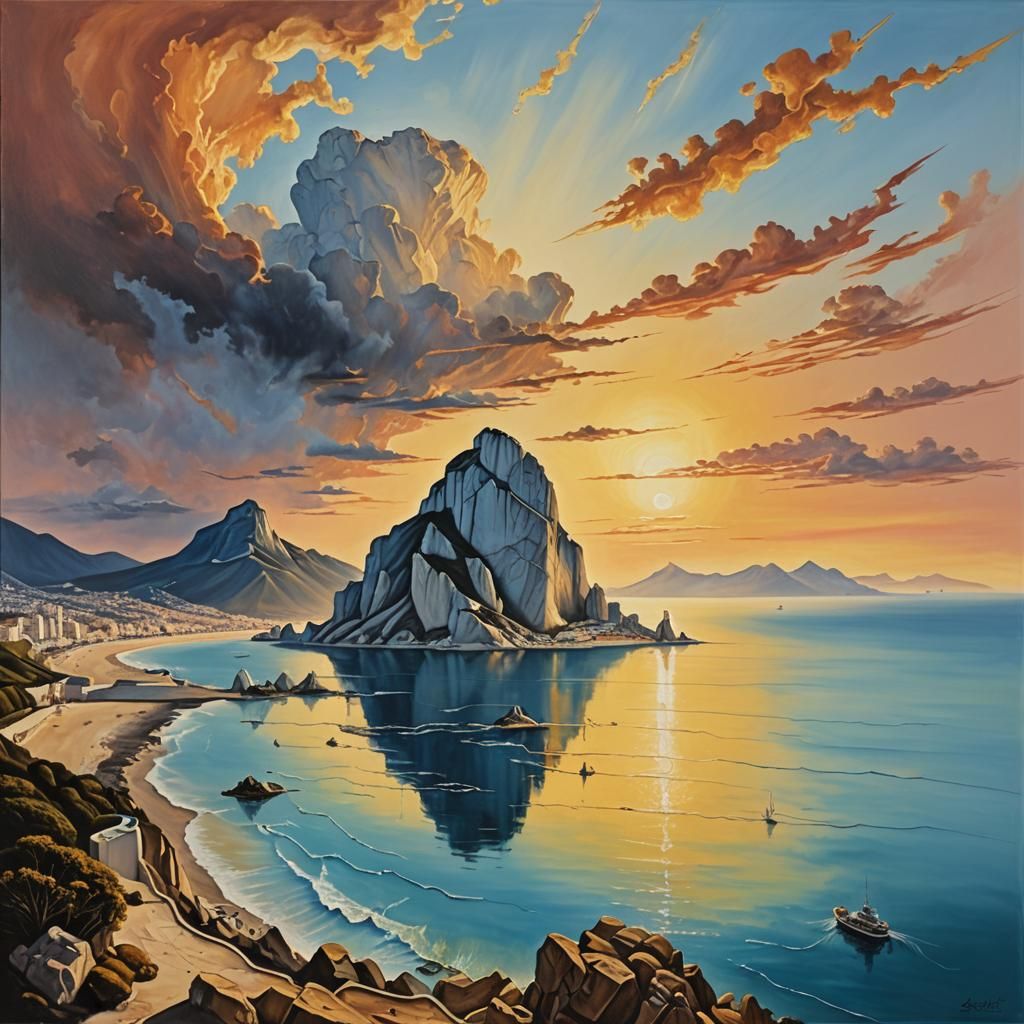 Surreal Rock of Gibraltar Sunset as Oil Painting