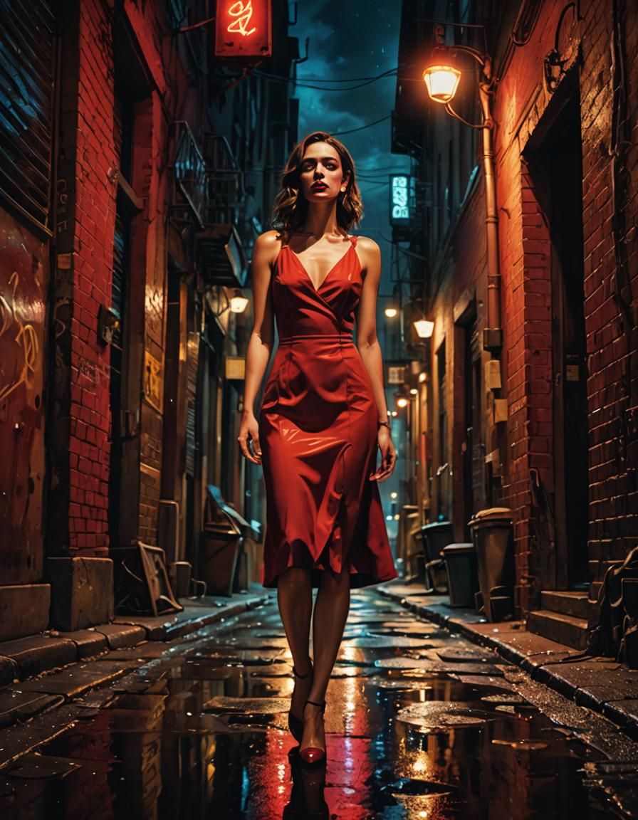 Woman in Red Dress: Surrealist Oil Painting