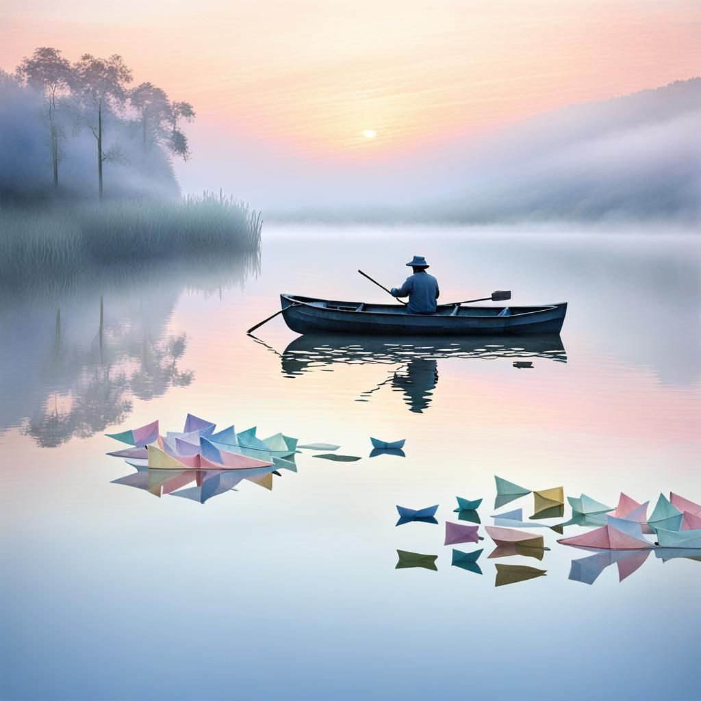 Tranquil Lakeside Dawn in Impressionist Style