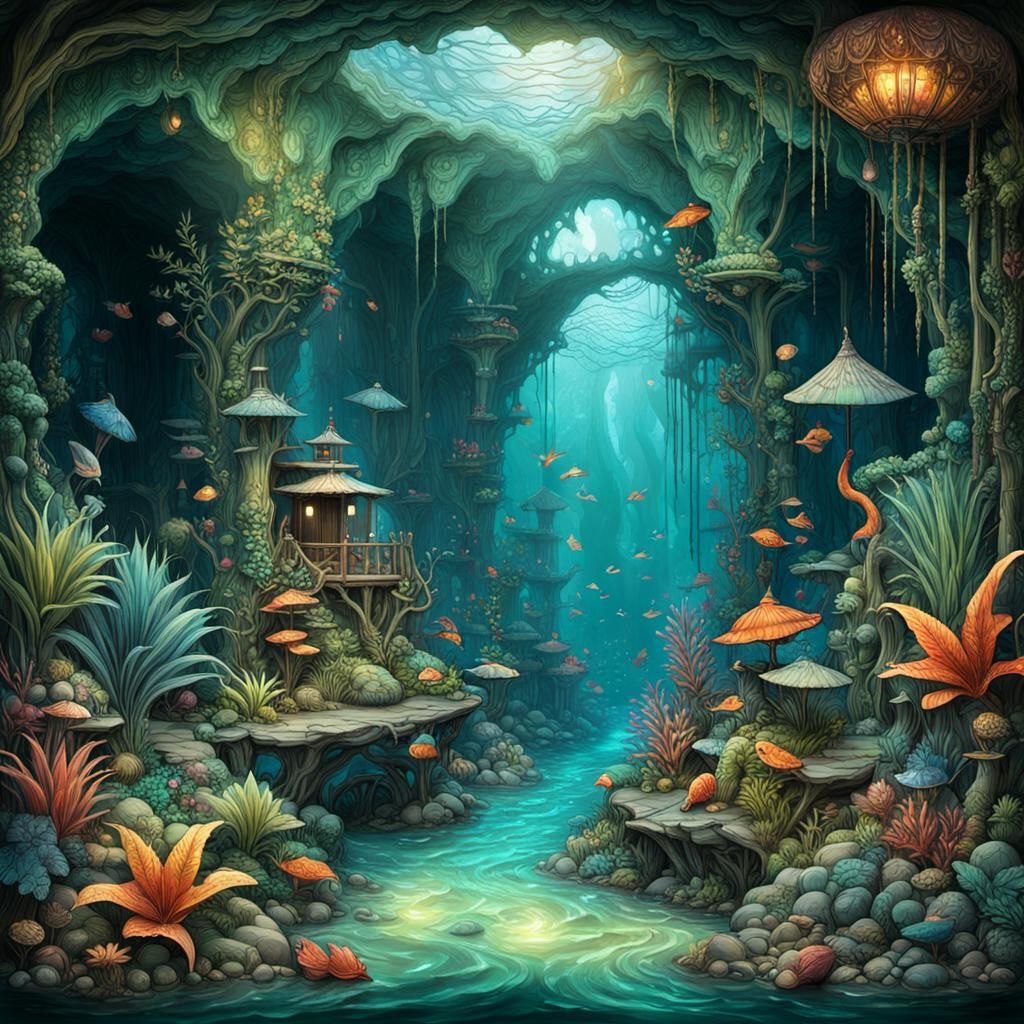 Tropical Mermaid Grotto in Mixed Art Media
