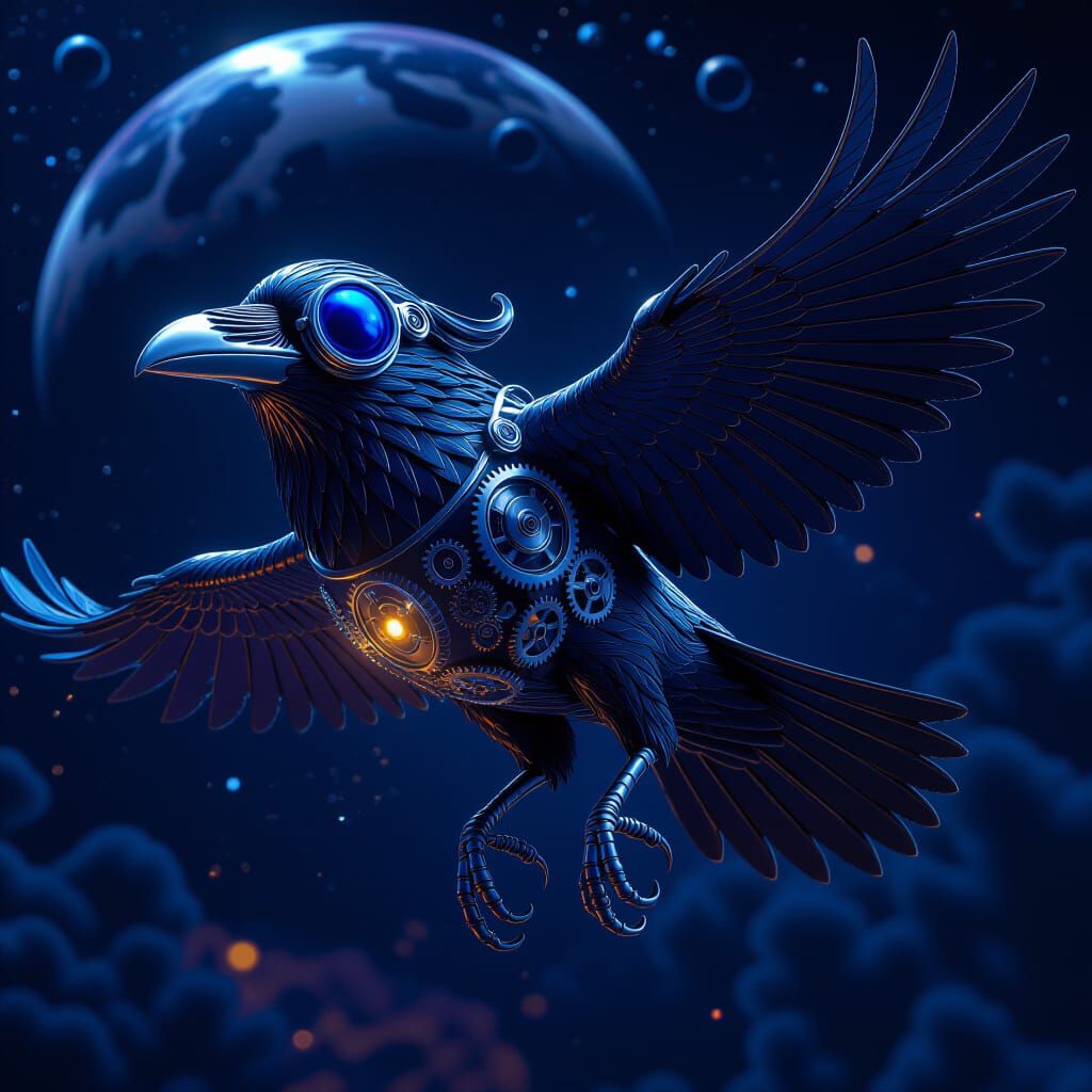 Clockwork Raven with Monocle Flying Near Dark Planet