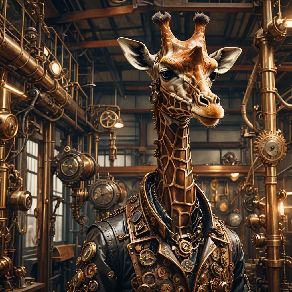 Steampunk Giraffe Portrait in Victorian Workshop