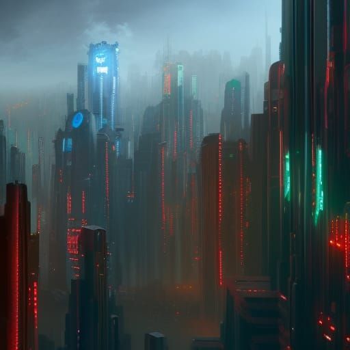 Polluted Cyberpunk Megalopolis in Detailed Matte Painting St...