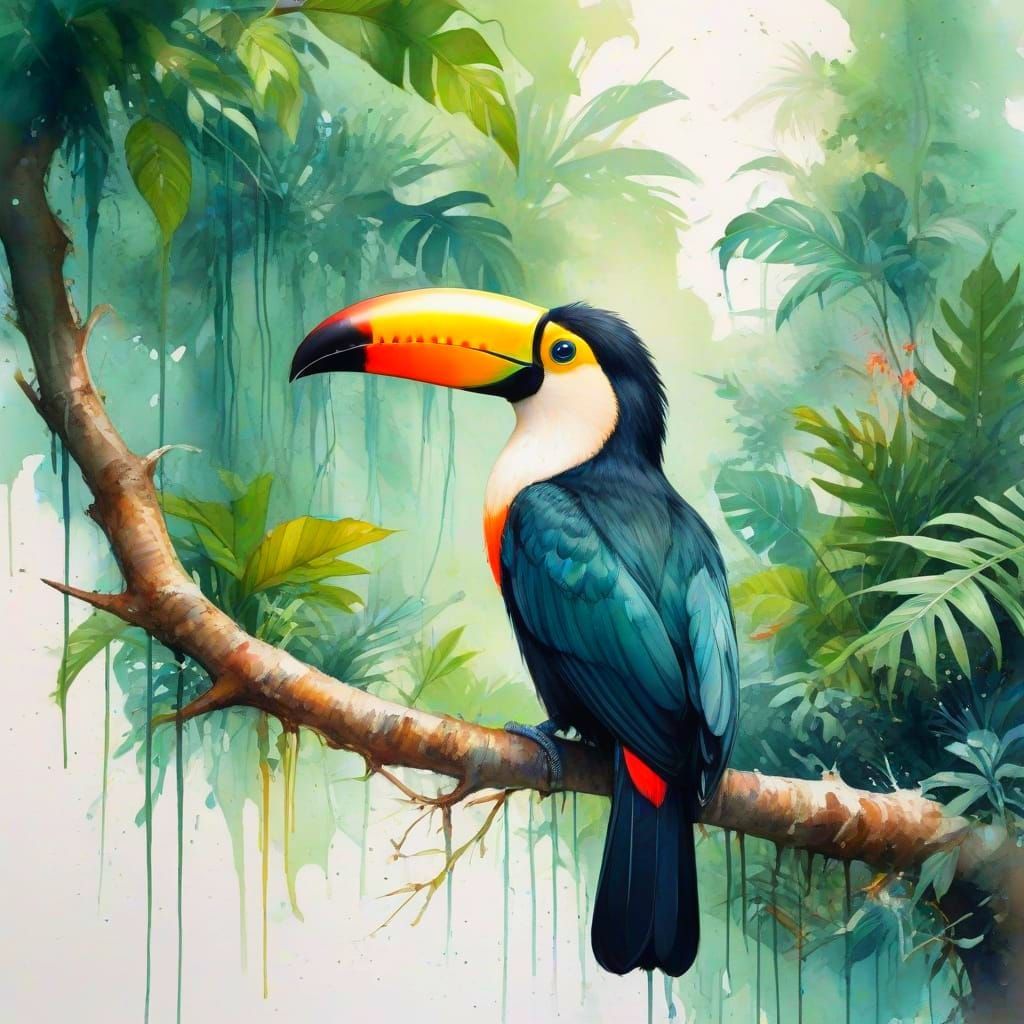 Tropical Rainforest Oasis in Vibrant Watercolour Style