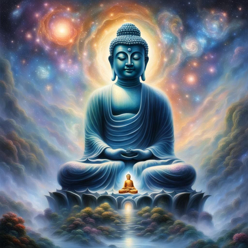 Buddha Surrounded by Galaxy in Ethereal Style