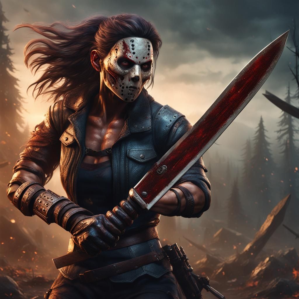Female Jason with Machete in Detailed Matte Painting