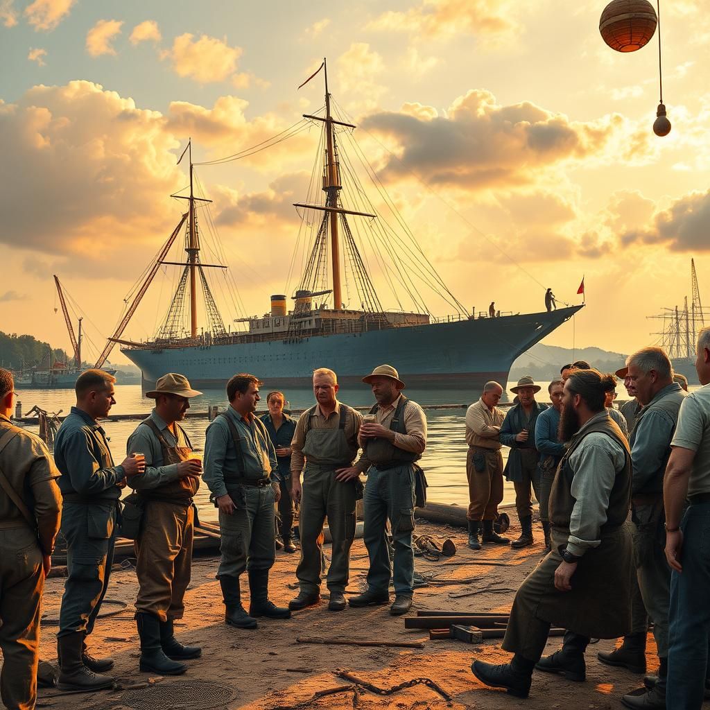 Shipyard Workers Relaxing, Hyper Impressionism Style