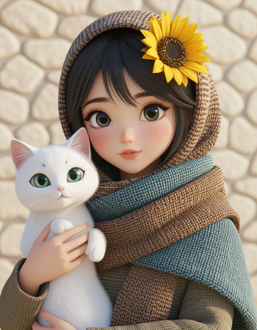 Asian Girl with Cat in Detailed 3D Anime Style