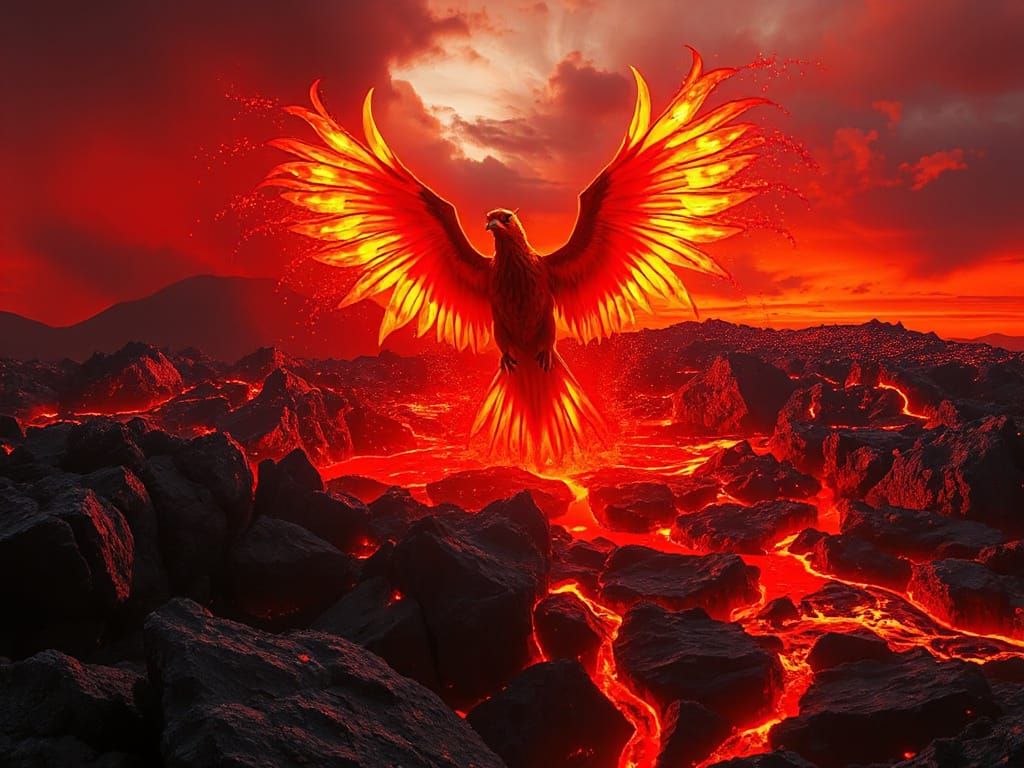 Fiery Phoenix Emerges from Lava Sea