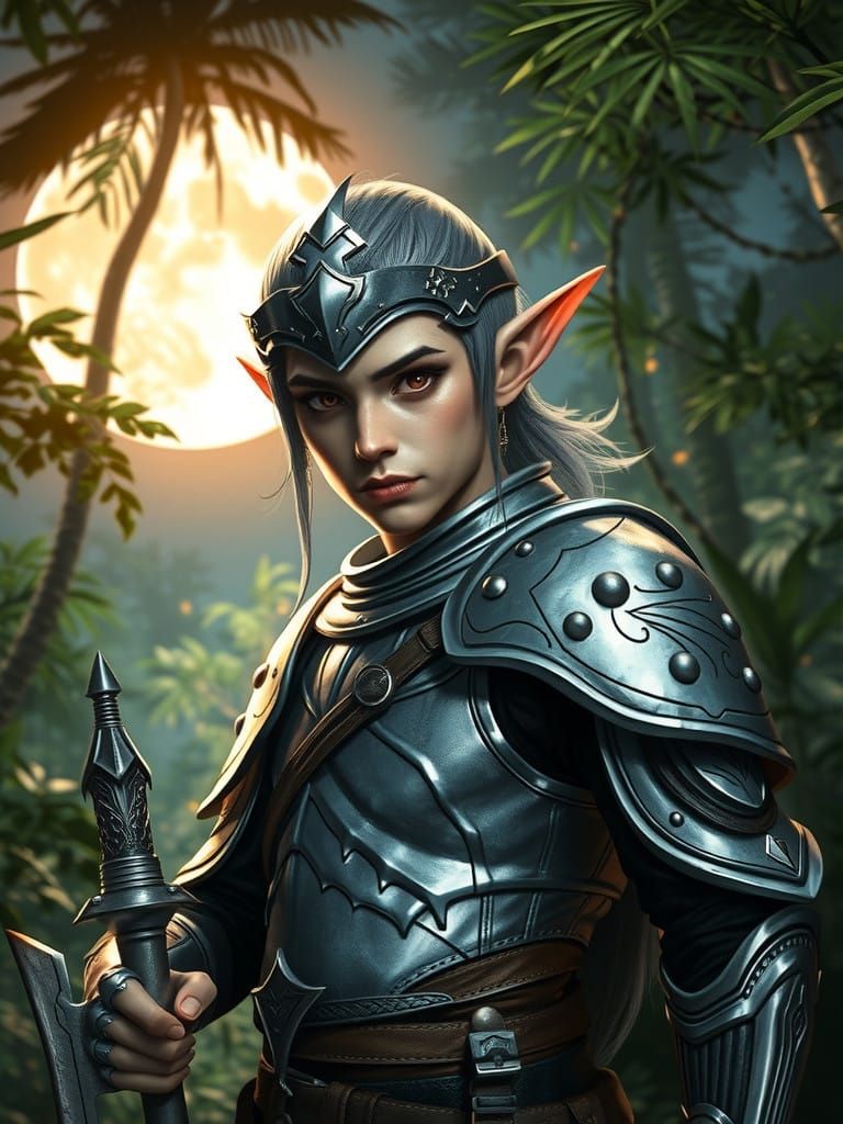 Dark Elf Warrior Under Moonlight in Rainforest