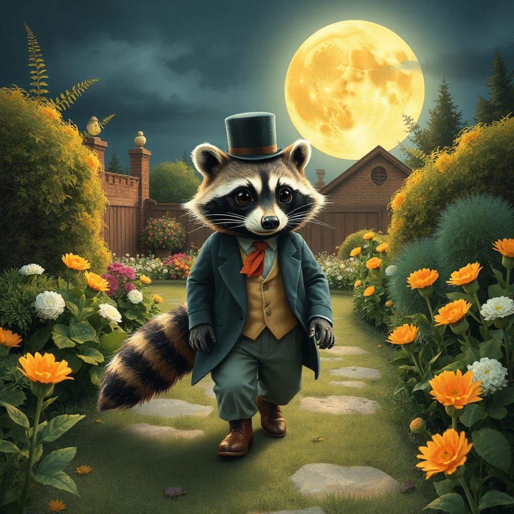 Raccoon Gentleman in Moonlit Garden, Whimsical Illustration