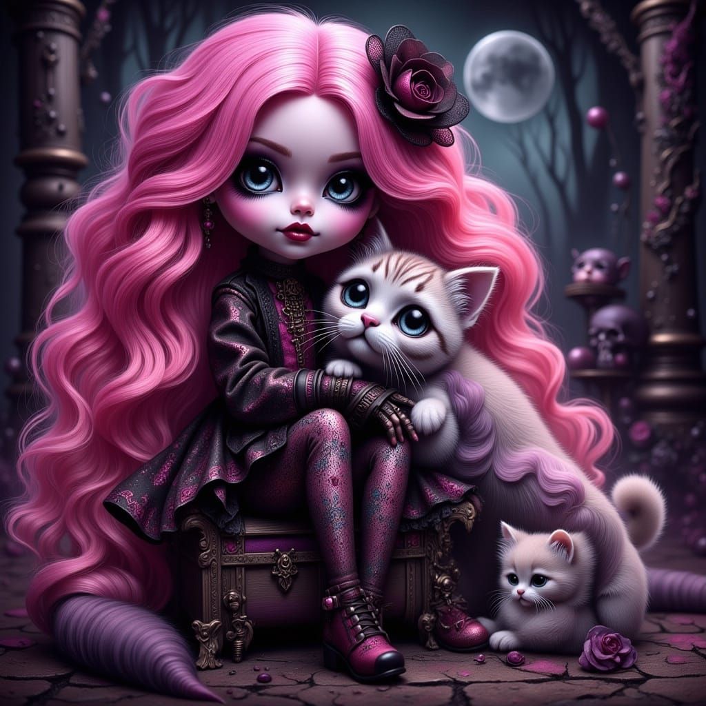 Gothic Monster High Doll with Pink Hair & Cat