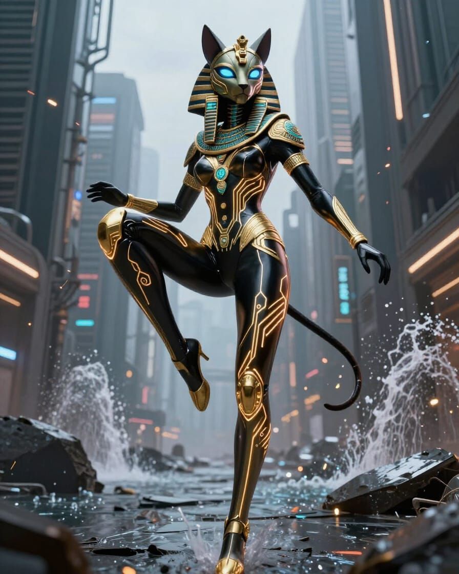 Cyberpunk Bastet In Egyptian Armor Mid-Flying Kick