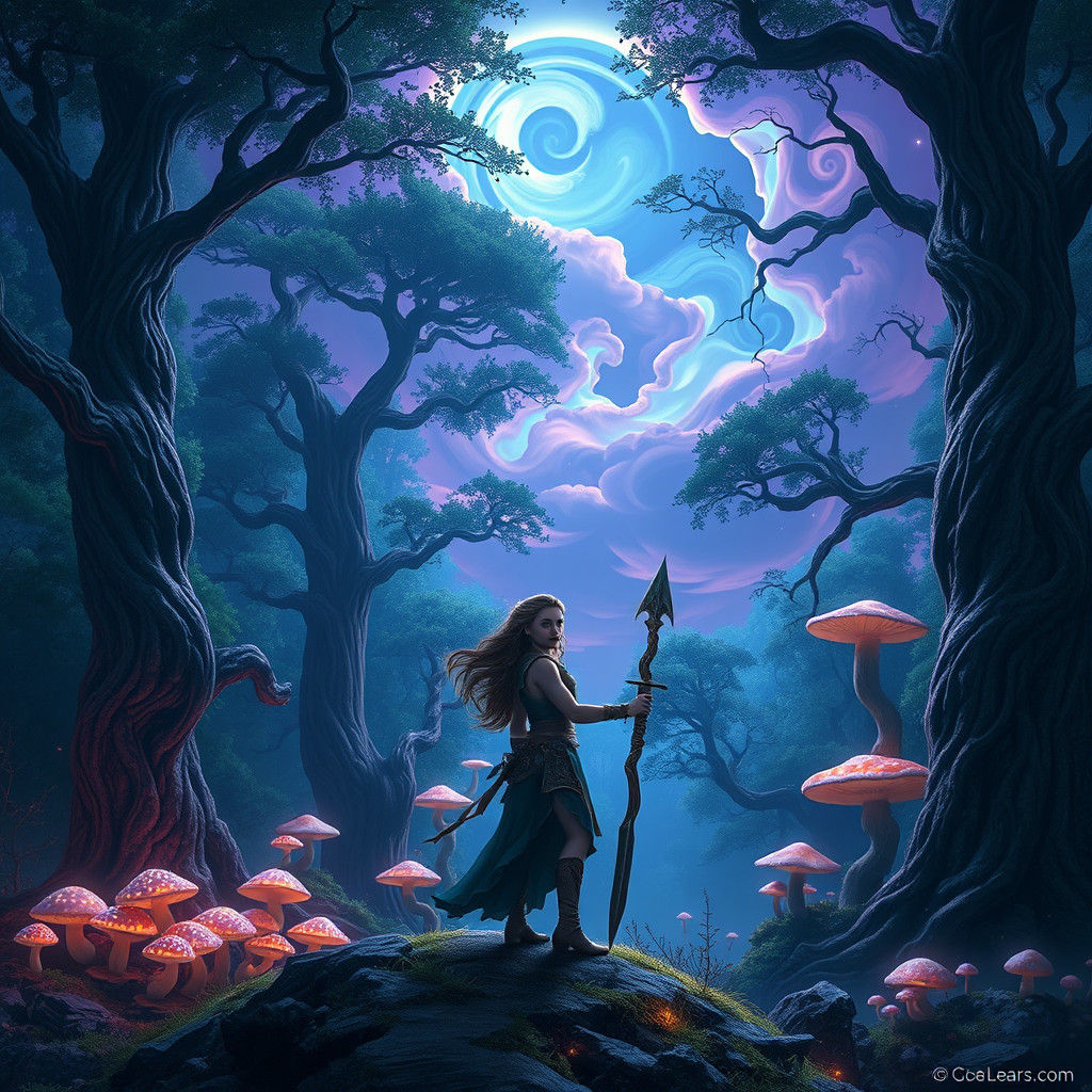 Mystical Warrior in a Vibrant Forest, Digital Matte Painting