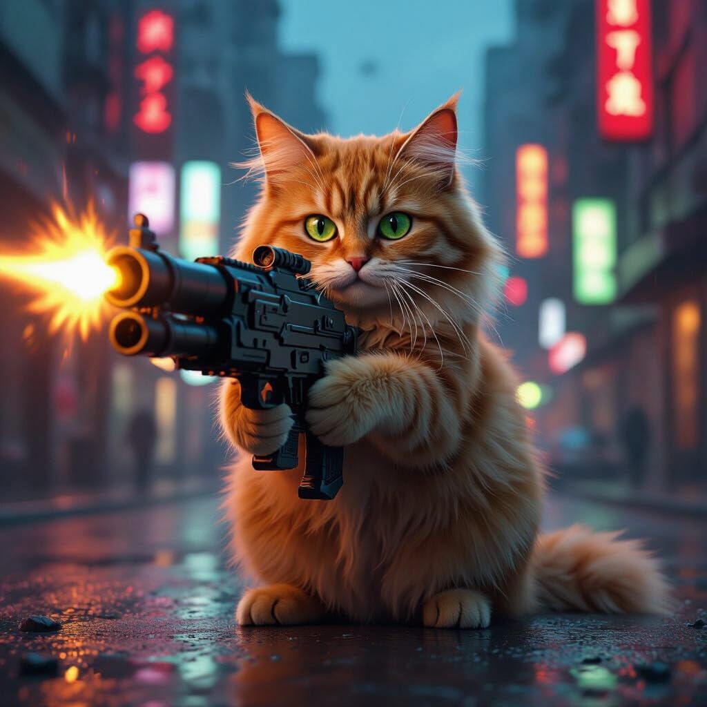 Heroic Ginger Cat Aims Mini-Gun in Neon Cityscape