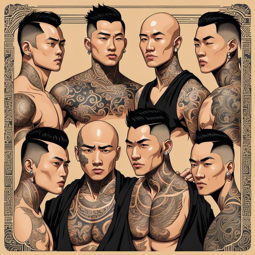 Bald Chinese Men with Maori Tattoos and Abs