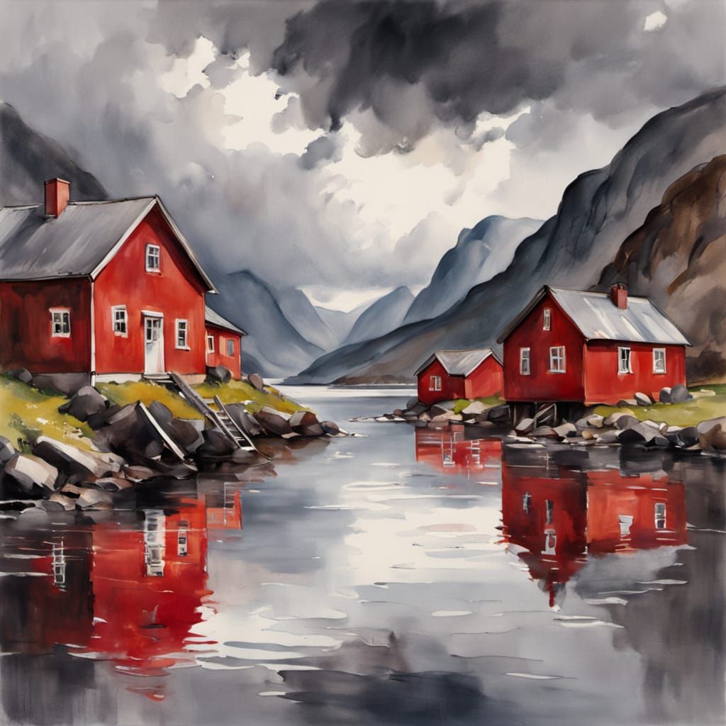 Scandinavian Village in Fiord: Watercolor Painting