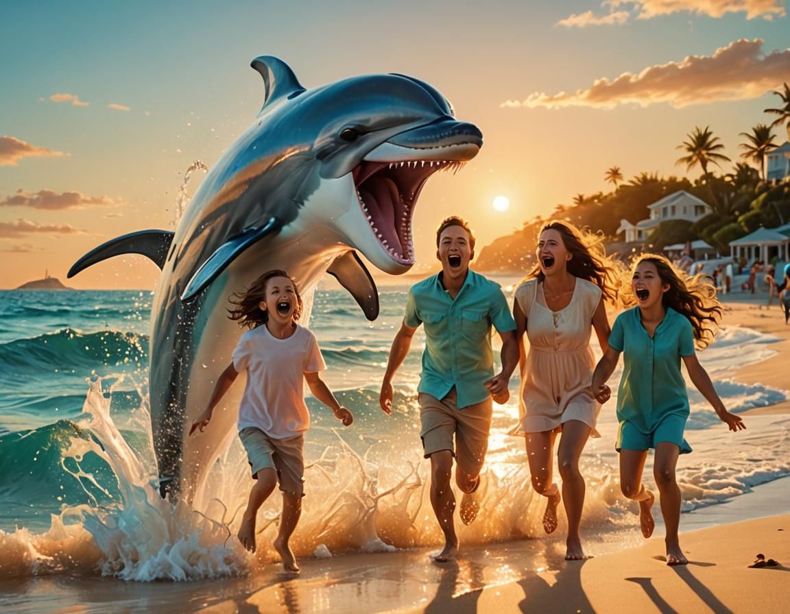 Surprised Family Meets Dolphin: Photorealistic Beach Scene