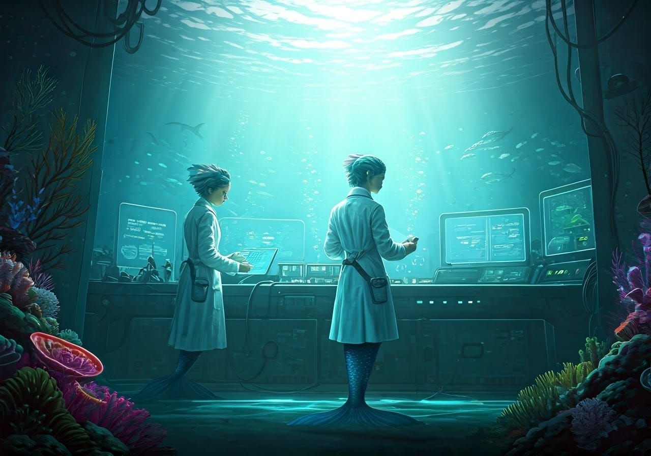 Mermaids in white coats working in an undersea laboratory