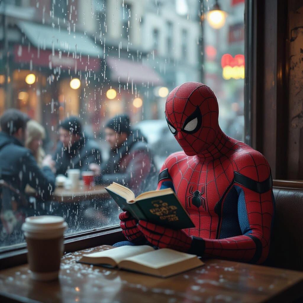 Sad Spiderman Reads in Rainy Cafe: Photorealism