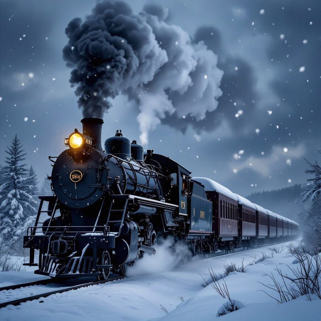Vintage Steam Train in Dramatic Snowy Landscape