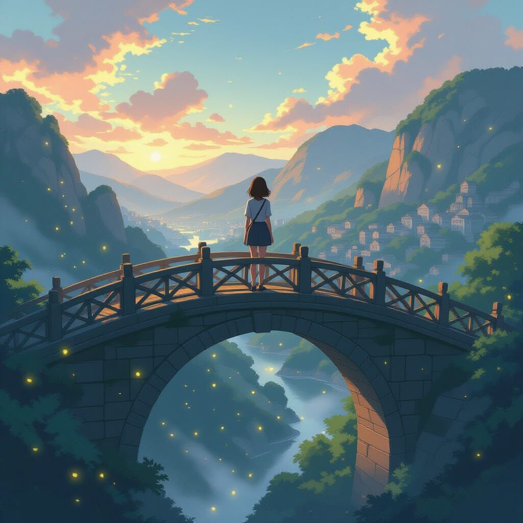 Anime Girl on Ancient Bridge with Fireflies