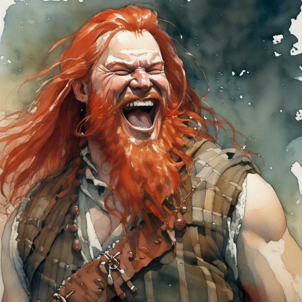 Laughing Red-Haired Scottish Man in Watercolor