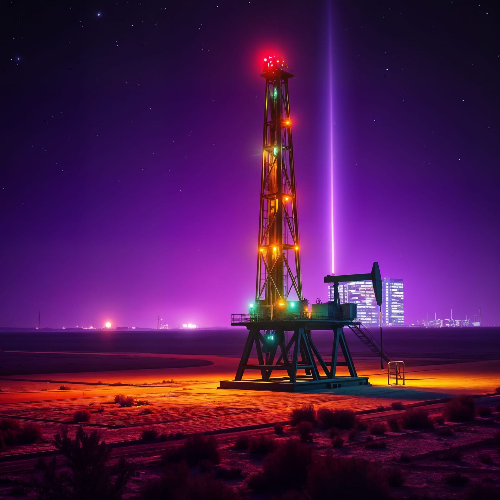 Synthwave Oil Rig and Data Center at Night