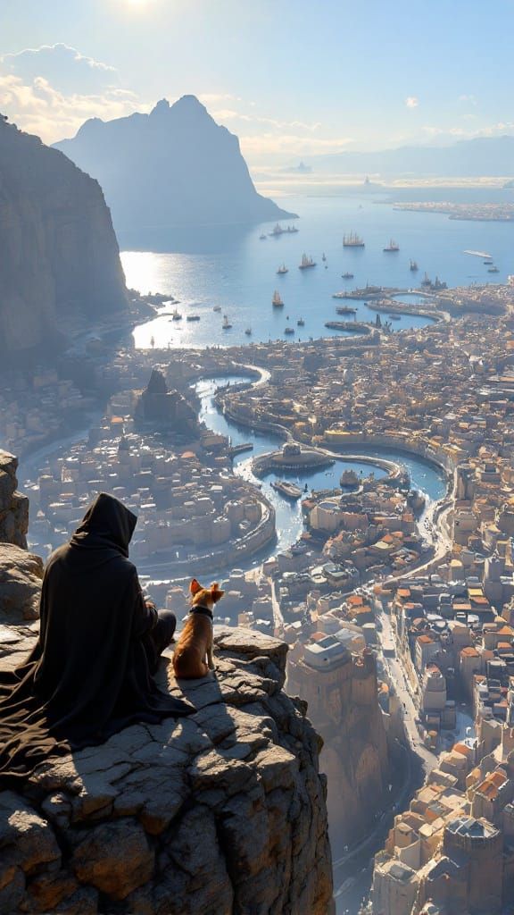 Coastal Cliff Panorama with Cloaked Figure and Terrier