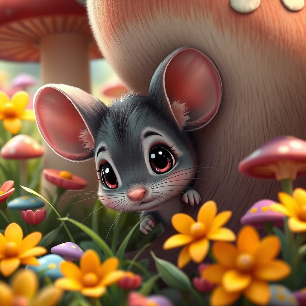 Shy Mouse in Whimsical Garden, Children's Book Illustration