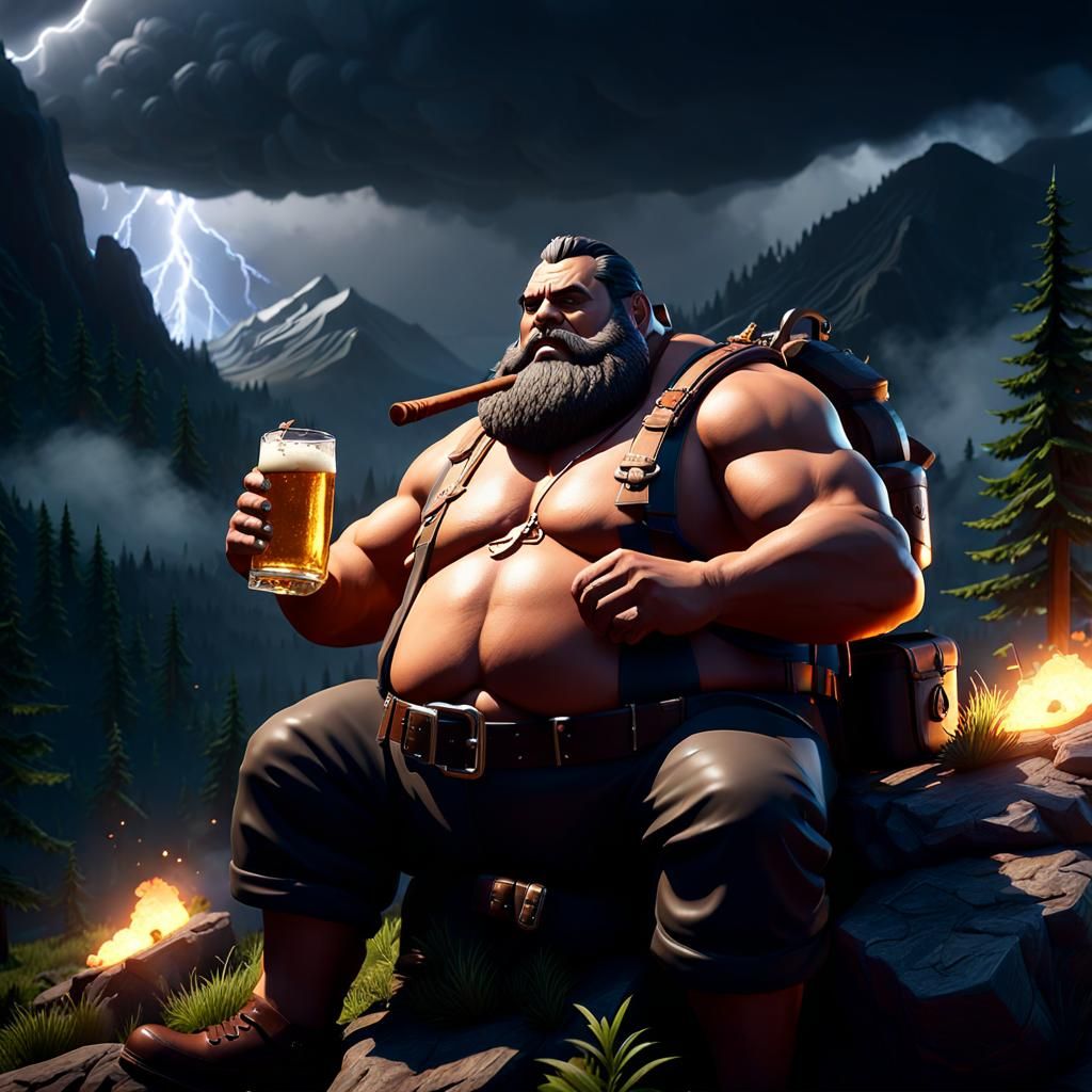 Man Climbing Mountain in Storm, 3D Game Art