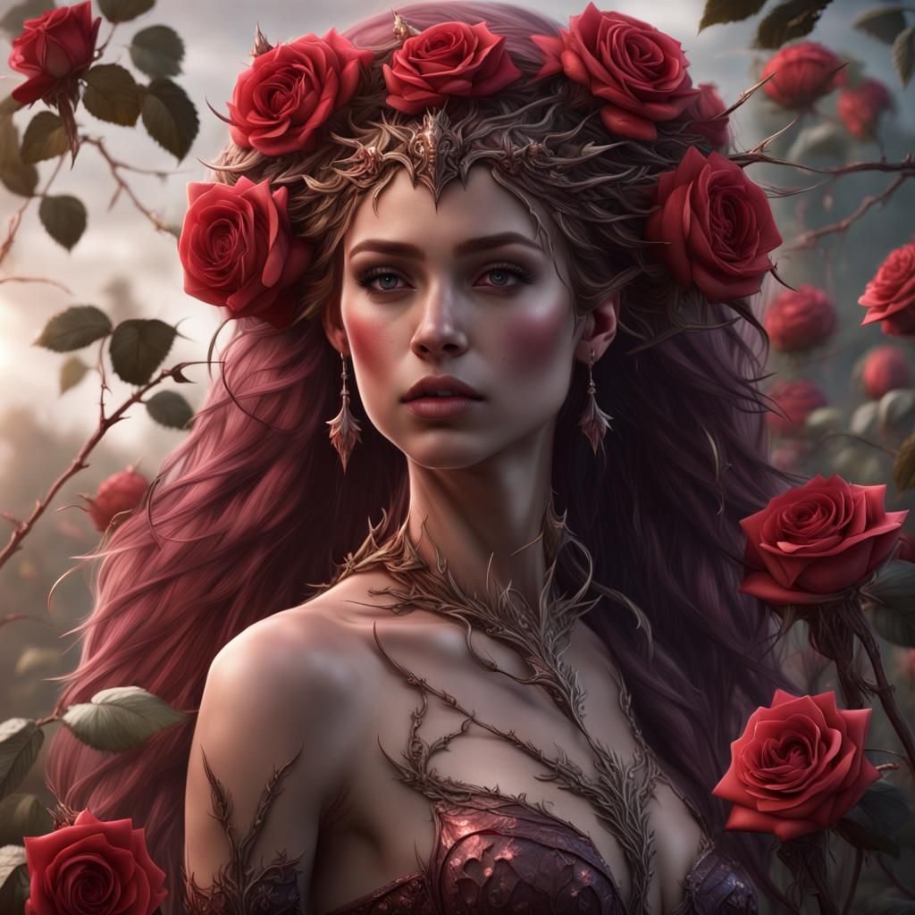 Rose and human hybrid girl, princess, full body picture, long vine type hair with thorns