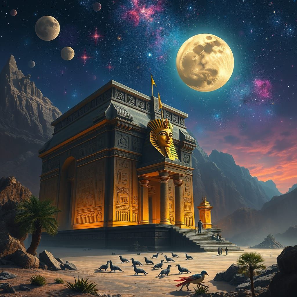 A grand, ancient temple adorned with intricate hieroglyphics...