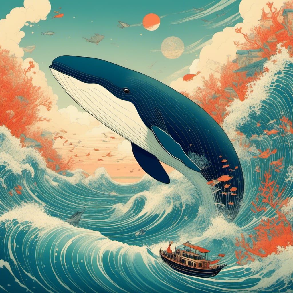 Whale Carries Coral City: Retro Anime Illustration